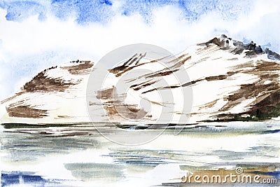 Watercolor beautiful landscape of Armenia. Majestic mount Aragats with snow peaks among endless snow plain beaneath bright blue Cartoon Illustration