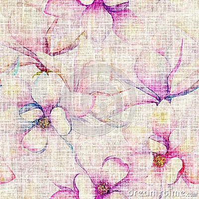 Watercolor beautiful magnolia flowers seamless pattern linen background Cartoon Illustration