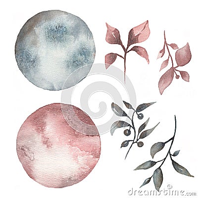 Watercolor beautiful moons set illustration with leaves. Moon and leaf set. contemporary art in soft neutral trendy color Cartoon Illustration