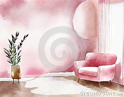 Watercolor of Beautiful pink living room with cozy Stock Photo