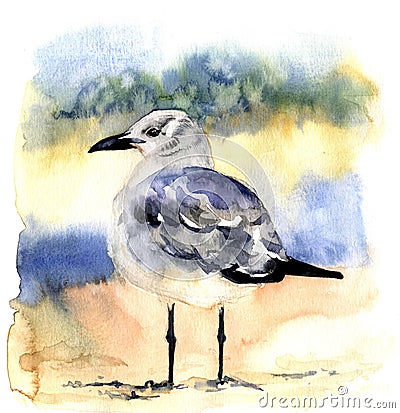 Watercolor beautiful seagull Hand drawn illustration for card, postcard, cover, invitation, wedding card, textile Cartoon Illustration