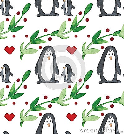 Watercolor beautiful seamless pattern with penguins, hearts, berries and leafs Stock Photo