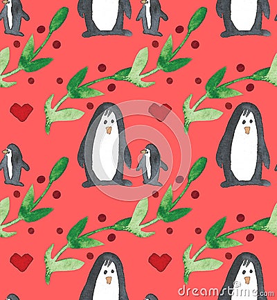 Watercolor beautiful seamless pattern with penguins, hearts, berries and leafs Stock Photo