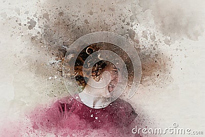 Watercolor of beautiful teen girl shaking head with curly hair Stock Photo