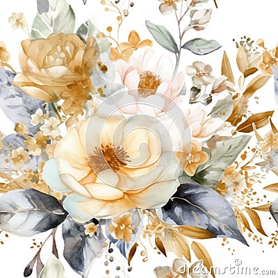 Watercolor beautiful white and yellow elegance flowers seamless pattern. Watercolor vector white background. Hand drawn paint Vector Illustration