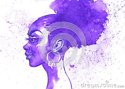 Watercolor beauty african woman. Hand drawn abstract fashion portrait with splash Cartoon Illustration