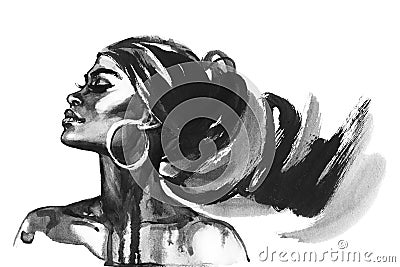 Watercolor portrait of african woman Cartoon Illustration