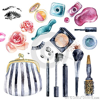 Watercolor beauty collection for makeup. Fashionable design Cartoon Illustration