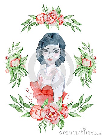 Watercolor beauty girl with dark hair, red dress and floral wreath, red peony flowers Cartoon Illustration