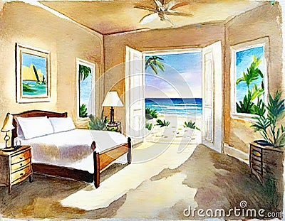 Watercolor of A bedroom with a beach theme featuring a canvas painting as the main point of Stock Photo