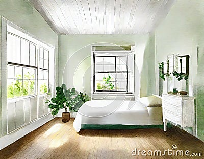 Watercolor of Bedroom with farmhouse white wooden green Stock Photo