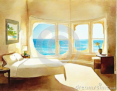 Watercolor of Bedroom melting into the with Stock Photo