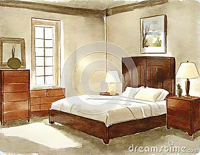 Watercolor of Bedroom with wooden beige framed Stock Photo