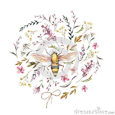 Watercolor bee illustration. Vintage wildflowers wreath. Natural botanical illustration Cartoon Illustration