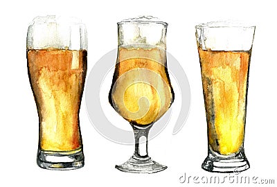 Watercolor beer glasses set isolated on white background Stock Photo