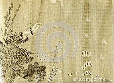 Watercolor beige hand drawn background with natural dry herbs and leaves imprints Stock Photo