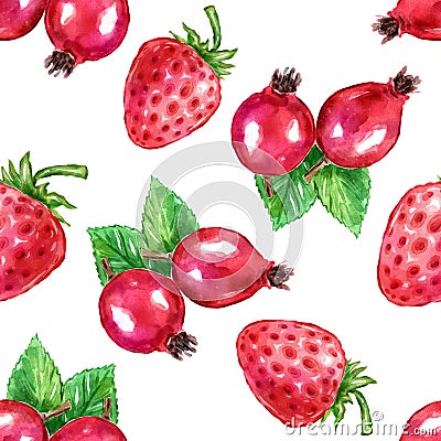 Watercolor berries set with rosehips strawberries Cartoon Illustration