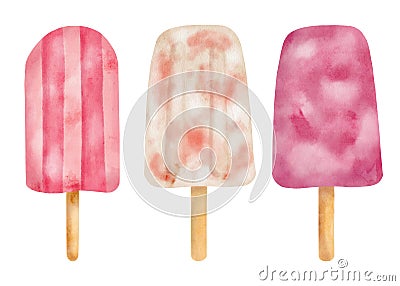 Watercolor berry popsicle set. Hand painted strawberry and cream ice pops isolated on white background. Summer frozen Stock Photo