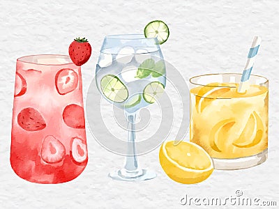 watercolor beverage and juice element collection set strawberry, lime, orange juice Vector Illustration