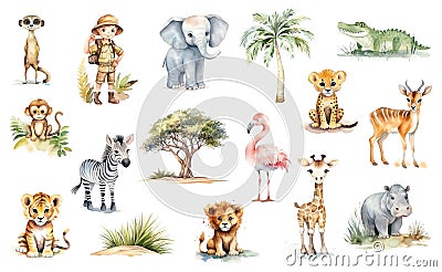 Watercolor big safari set isolated on white. African safari animals - elephant, giraffe, crocodile, tiger, lion, cheetah, zebra, Stock Photo