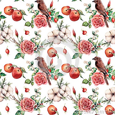 Watercolor big seamless patttern with bird and apple. Hand painted floral illustration with cotton, dogrose, rose Cartoon Illustration