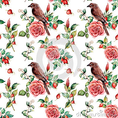 Watercolor big seamless patttern with bird and rose. Hand painted floral illustration with snowberries, dogrose, leaves Cartoon Illustration