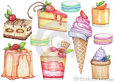 Watercolor big set of desserts. Hand drawn illustration Cartoon Illustration