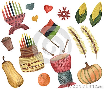 Watercolor big set of illustrations for Kwanzaa celebration, motifs, traditional holiday. White background. Cartoon Illustration