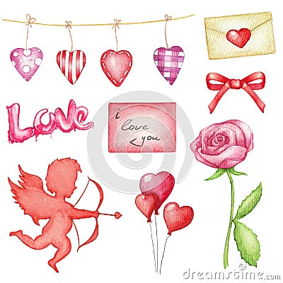 Watercolor big set with symbolics of St. Valentine`s Day Cartoon Illustration