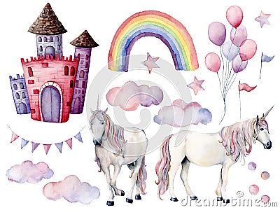 Watercolor big set with unicorns and fairy tale decor. Hand painted magic horses, castle, rainbow, clouds, stars and air Stock Photo