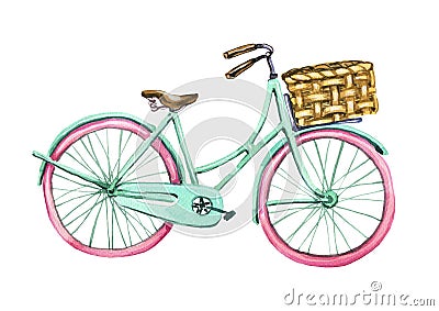 Watercolor bike. Element of greeting card. Tiffany color bicycle. Spring, travel, helth lifestyle. Stock Photo