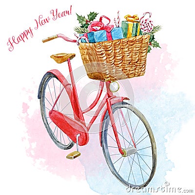 Watercolor bike with presents Stock Photo