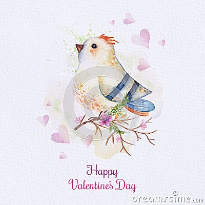 Watercolor bird card. Painted card with bird on branch. Love card with cute watercolor bird. Valentine's Day background Stock Photo