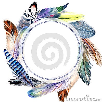 Watercolor bird feather frame from wing. Stock Photo