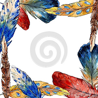 Watercolor bird feather from wing isolated. Frame border ornament square. Stock Photo