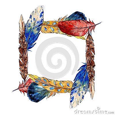 Watercolor bird feather from wing isolated. Frame border ornament square. Stock Photo