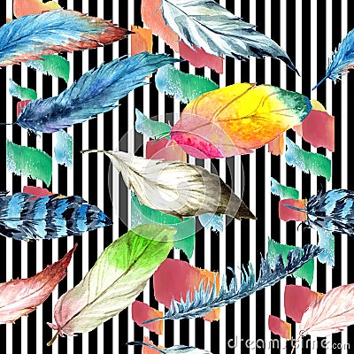 Watercolor bird feather from wing. Seamless background pattern. Fabric wallpaper print texture. Stock Photo