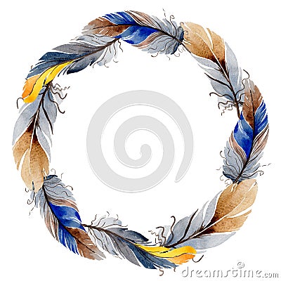 Watercolor bird feather from wing wreath. Stock Photo