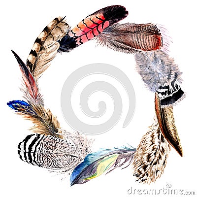 Watercolor bird feather wreath from wing. Stock Photo