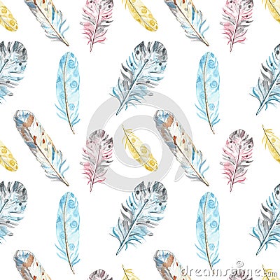 Watercolor bird feathers seamless pattern in pastel colors on white background. Hand drawn ethnic tribal illustration Cartoon Illustration