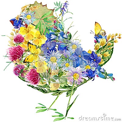 Watercolor bird, flowers and butterflies. Stock Photo