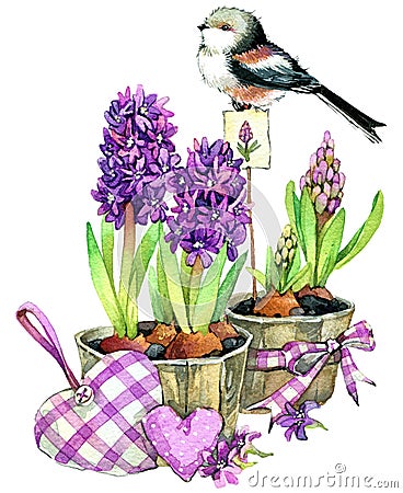 Watercolor Bird and Garden flowers background. Cartoon Illustration