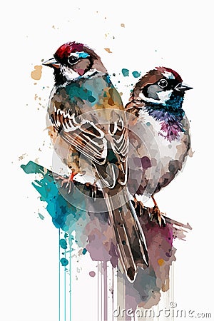 Watercolor Bird Sparrow on the Branch Hand Drawn Nature Illustration vector Stock Photo