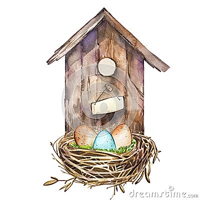 Watercolor birdhouse. Hand painted nesting box isolated on white background. Easter design Stock Photo
