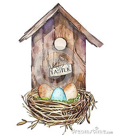 Watercolor birdhouse. Hand painted nesting box isolated on white background. Easter design Stock Photo