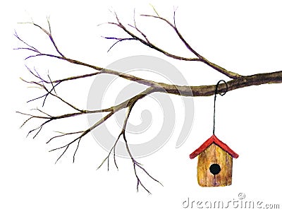 Watercolor birdhouse hanging on branch.isolated white background. Stock Photo