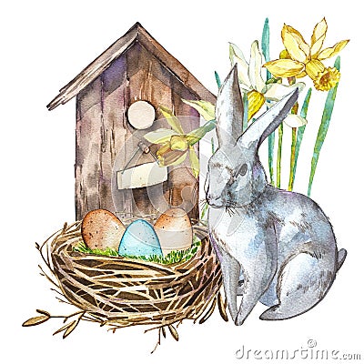 Watercolor birdhouse with Rabbit. Hand painted nesting box isolated on white background. Easter design Stock Photo