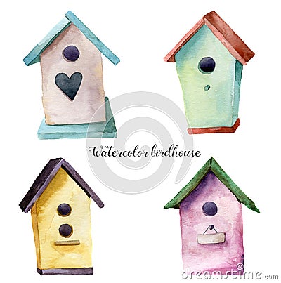 Watercolor birdhouse set. Hand painted nesting box isolated on white background. For design, print, fabric Stock Photo