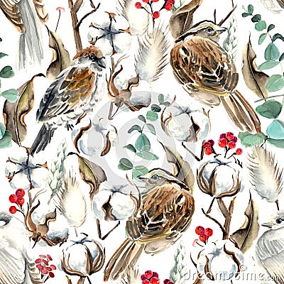 Watercolor Birds and Cotton Seamless Pattern Stock Photo