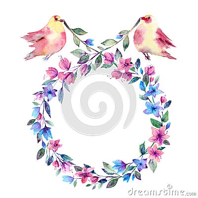 Watercolor birds with a wreath of flowers. Stock Photo